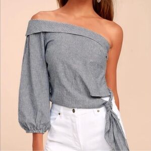Free People Get Down Blue Pinstripe One-Shoulder Tie Waist Top